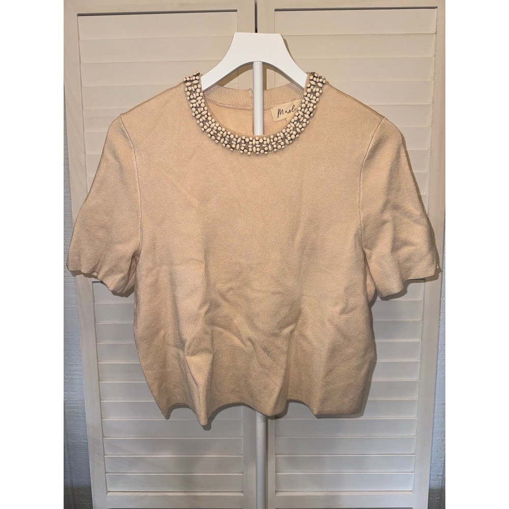 Marled Knit Top Women Beige Beaded Neckline Short Sleeve Keyhole Back Size M - Picture 1 of 5